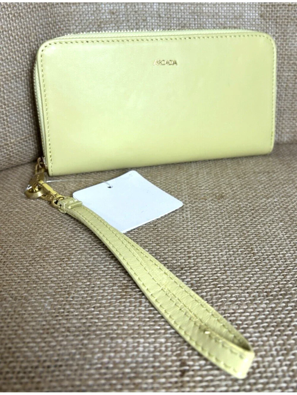 Arcadia Italian Yellow Leather Wallet Wristlet  gold logo and zipper NWT